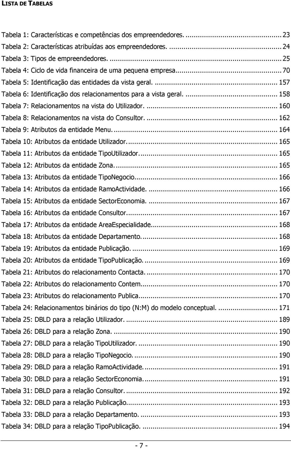 ... 158 Tabela 7: Relacionamentos na vista do Utilizador.... 160 Tabela 8: Relacionamentos na vista do Consultor.... 162 Tabela 9: Atributos da entidade Menu.