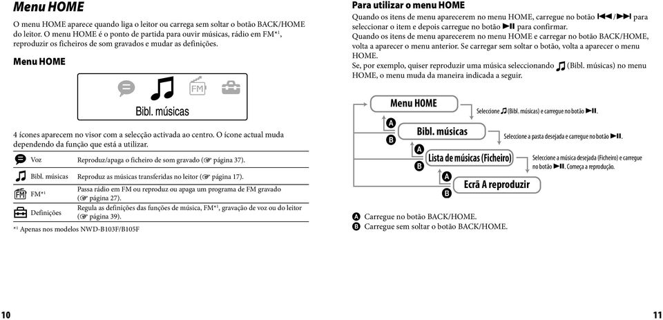 Menu HOME Para utilizar o menu HOME Quando os itens de menu aparecerem no menu HOME, carregue no botão / para seleccionar o item e depois carregue no botão para confirmar.