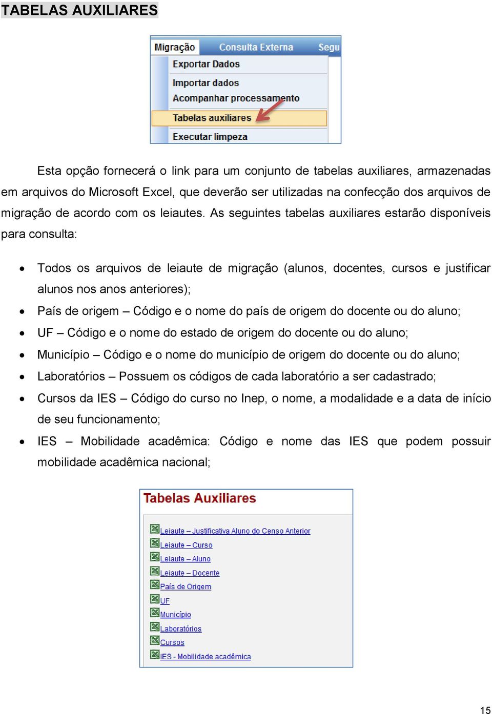 As seguintes tabelas auxiliares estarão disponíveis para consulta: Todos os arquivos de leiaute de migração (alunos, docentes, cursos e justificar alunos nos anos anteriores); País de origem Código e