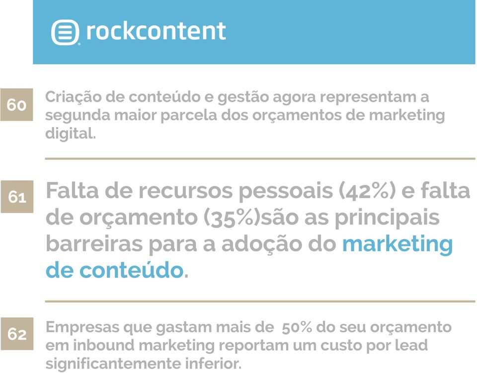 61 Falta de recursos pessoais (42%) e falta de orçamento (35%)são as principais barreiras