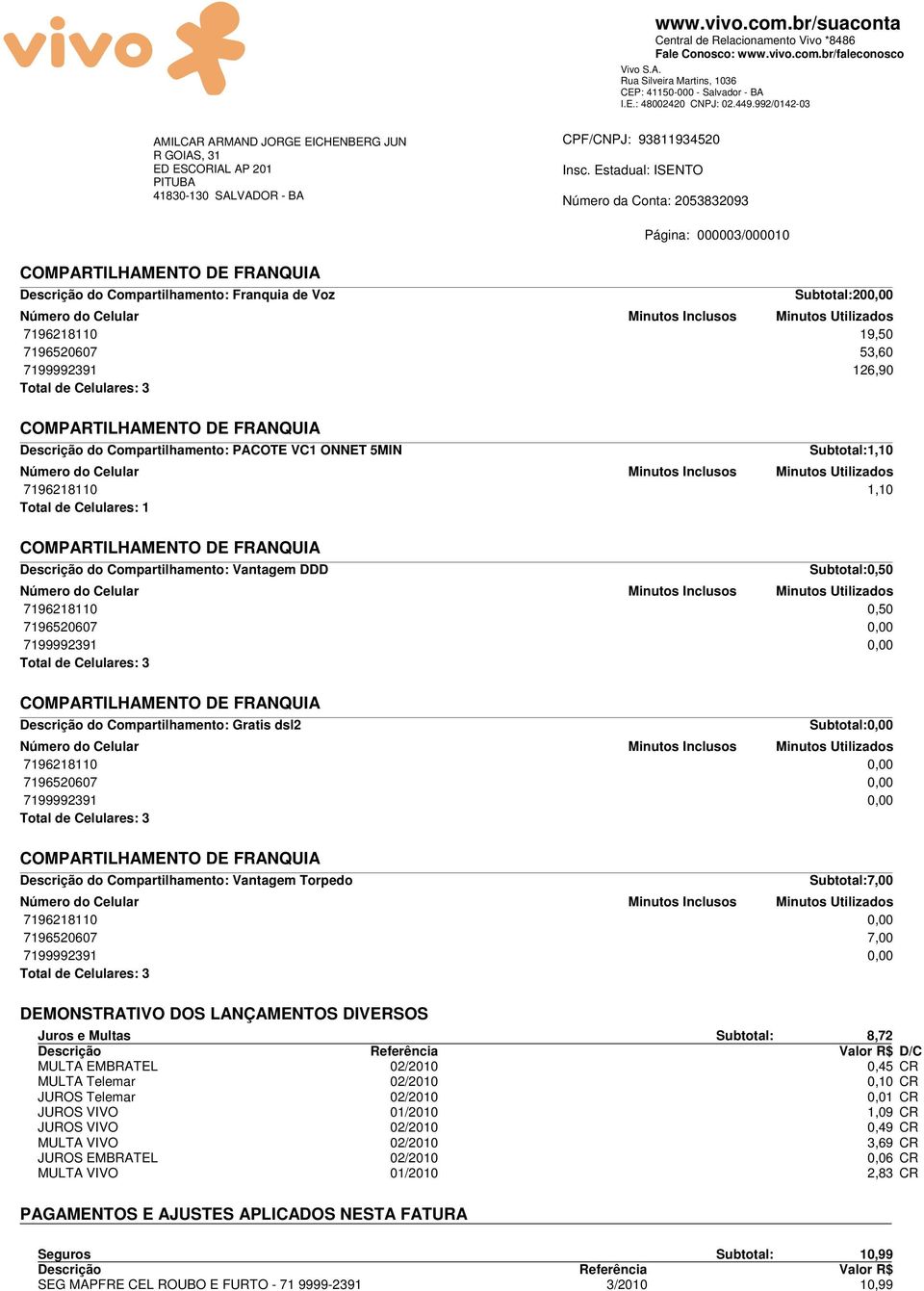 Minutos Utilizados 7196218110 19,50 7196520607 53,60 7199992391 126,90 Total de Celulares: 3 COMPARTILHAMENTO DE FRANQUIA Descrição do Compartilhamento: PACOTE VC1 ONNET 5MIN Subtotal:1,10 Número do