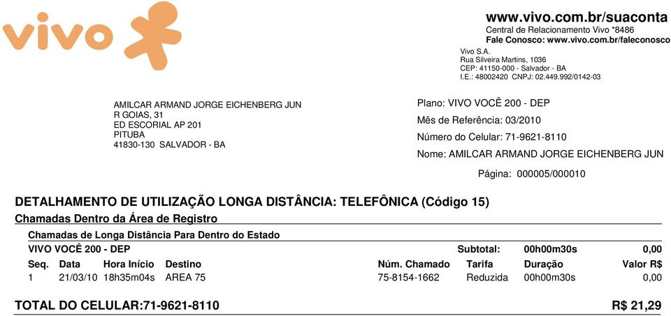 Registro Chamadas de Longa Distância Para Dentro do Estado VIVO VOCÊ 200 - DEP Subtotal: