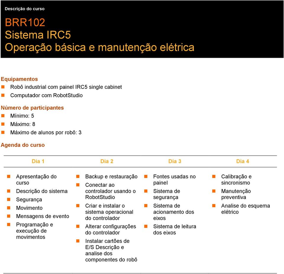 restauração Conectar ao controlador usando o RobotStudio Criar e instalar o sistema operacional do controlador Alterar configurações do controlador Instalar cartões de E/S Descrição e analise dos