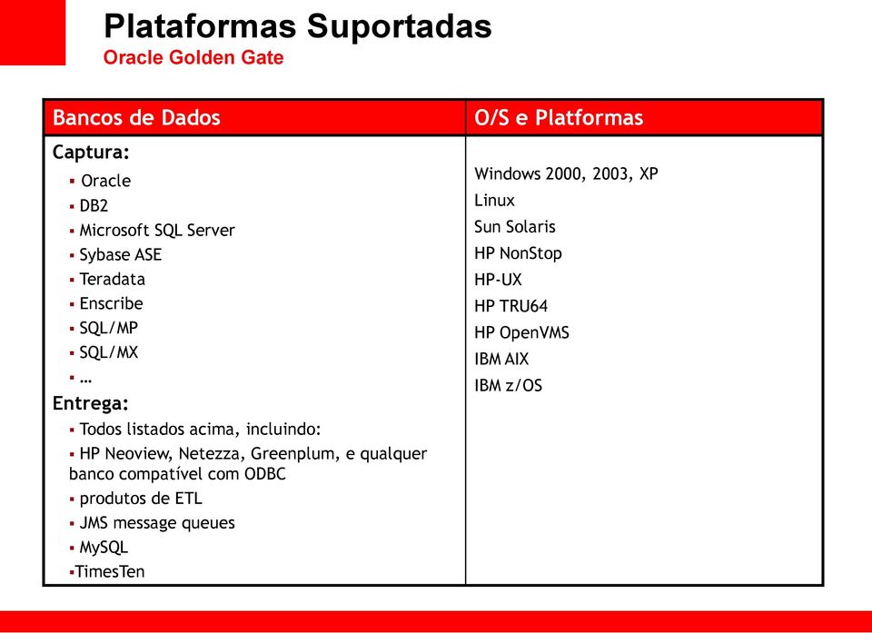 incluindo: HP Neoview, Netezza, Greenplum, e qualquer banco compatível com ODBC produtos de ETL JMS