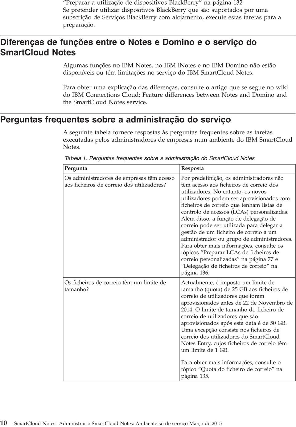 Diferenças de funções entre o Notes e Domino e o seriço do SmartCloud Notes Algumas funções no IBM Notes, no IBM inotes e no IBM Domino não estão disponíeis ou têm limitações no seriço do IBM