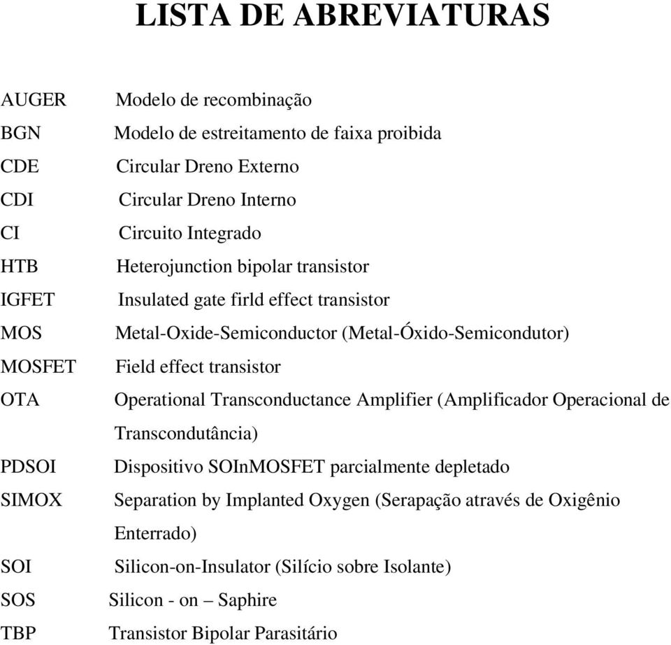 effect transistor Operational Transconductance Amplifier (Amplificador Operacional de Transcondutância) Dispositivo SOInMOSFET parcialmente depletado