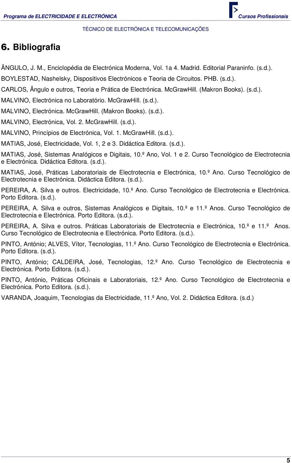 1. McGrawHill. (s.d.). MATIAS, José, Electricidade, Vol. 1, 2 e 3. Didáctica Editora. (s.d.). MATIAS, José, Sistemas Analógicos e Digitais, 10.º Ano, Vol. 1 e 2.