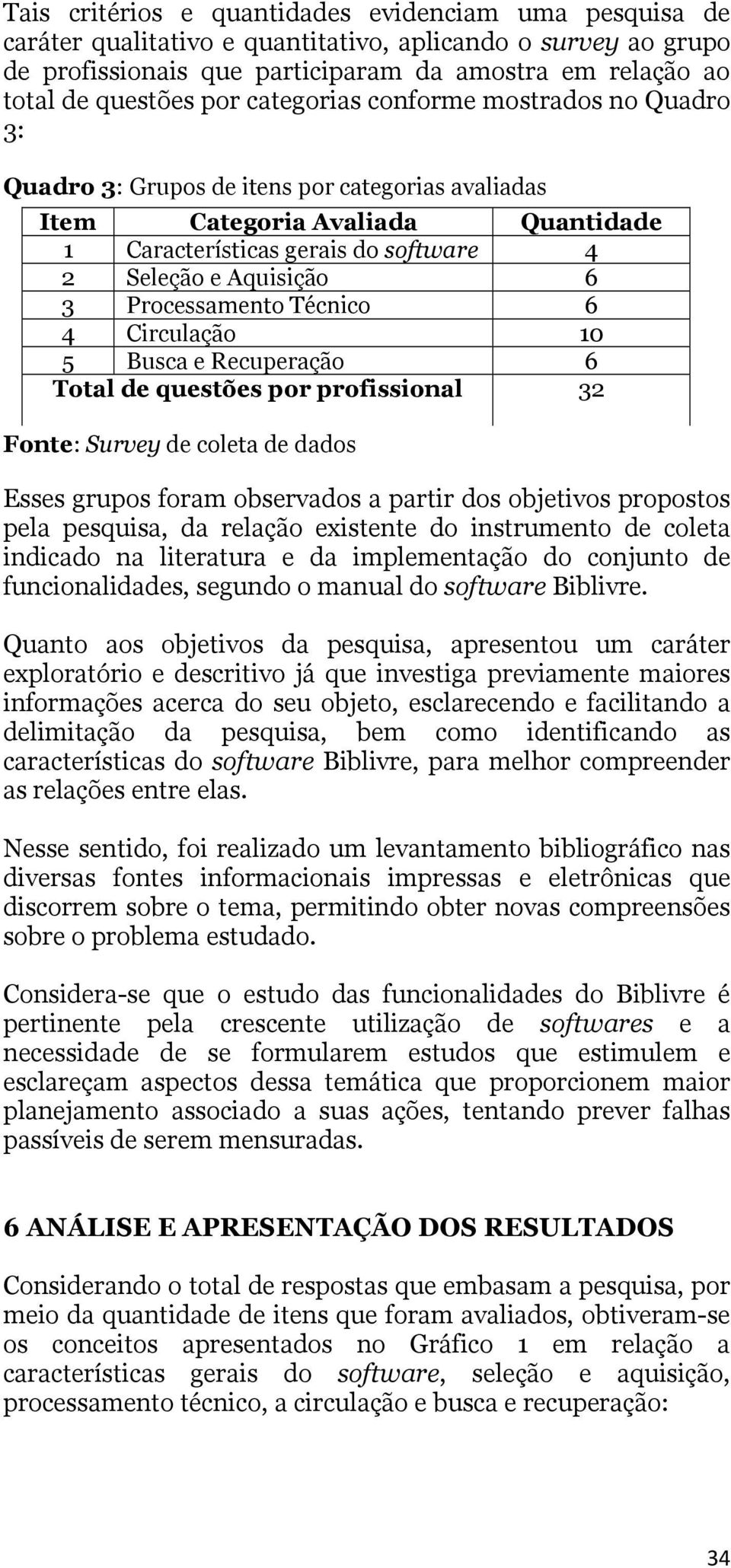 Processamento Técnico 6 4 Circulação 10 5 Busca e Recuperação 6 Total de questões por profissional 32 Fonte: Survey de coleta de dados Esses grupos foram observados a partir dos objetivos propostos