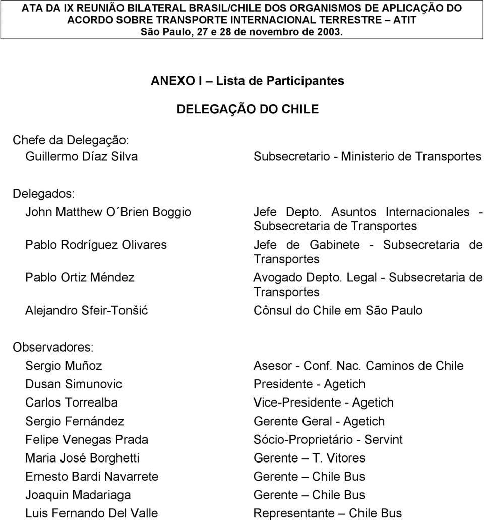 Legal - Subsecretaria de Transportes Alejandro Sfeir-Tonšić Cônsul do Chile em São Paulo Observadores: Sergio Muñoz Dusan Simunovic Carlos Torrealba Sergio Fernández Felipe Venegas Prada Maria José