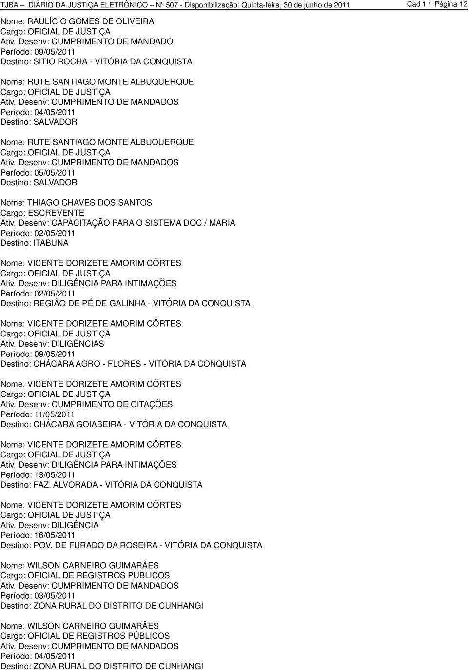 Desenv: CUMPRIMENTO DE MANDADOS Período: 04/05/2011 Destino: SALVADOR Nome: RUTE SANTIAGO MONTE ALBUQUERQUE Cargo: OFICIAL DE JUSTIÇA Ativ.