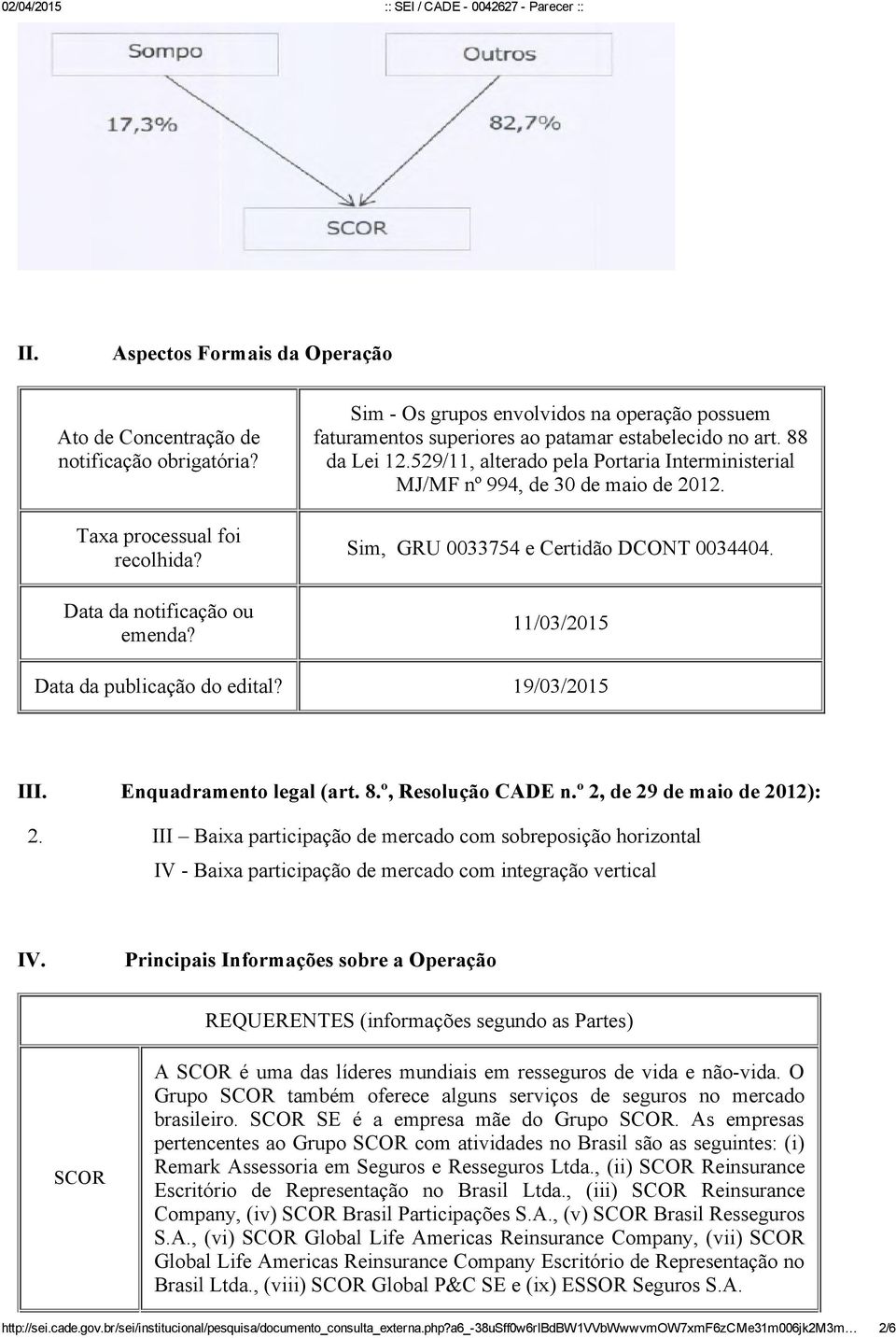 Sim, GRU 0033754 e Certidão DCONT 0034404. 11/03/2015 Data da publicação do edital? 19/03/2015 III. Enquadramento legal (art. 8.º, Resolução CADE n.º 2, de 29 de maio de 2012): 2.