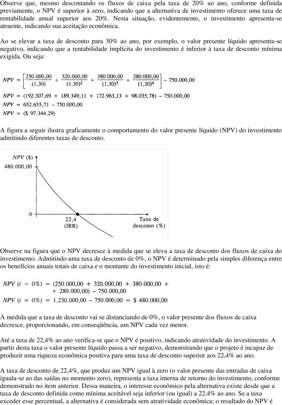 Ao se elevar a taxa de desconto para 30% ao ano, por exemplo, o valor presente líquido apresenta-se negativo, indicando que a rentabilidade implícita do investimento é inferior à taxa de desconto