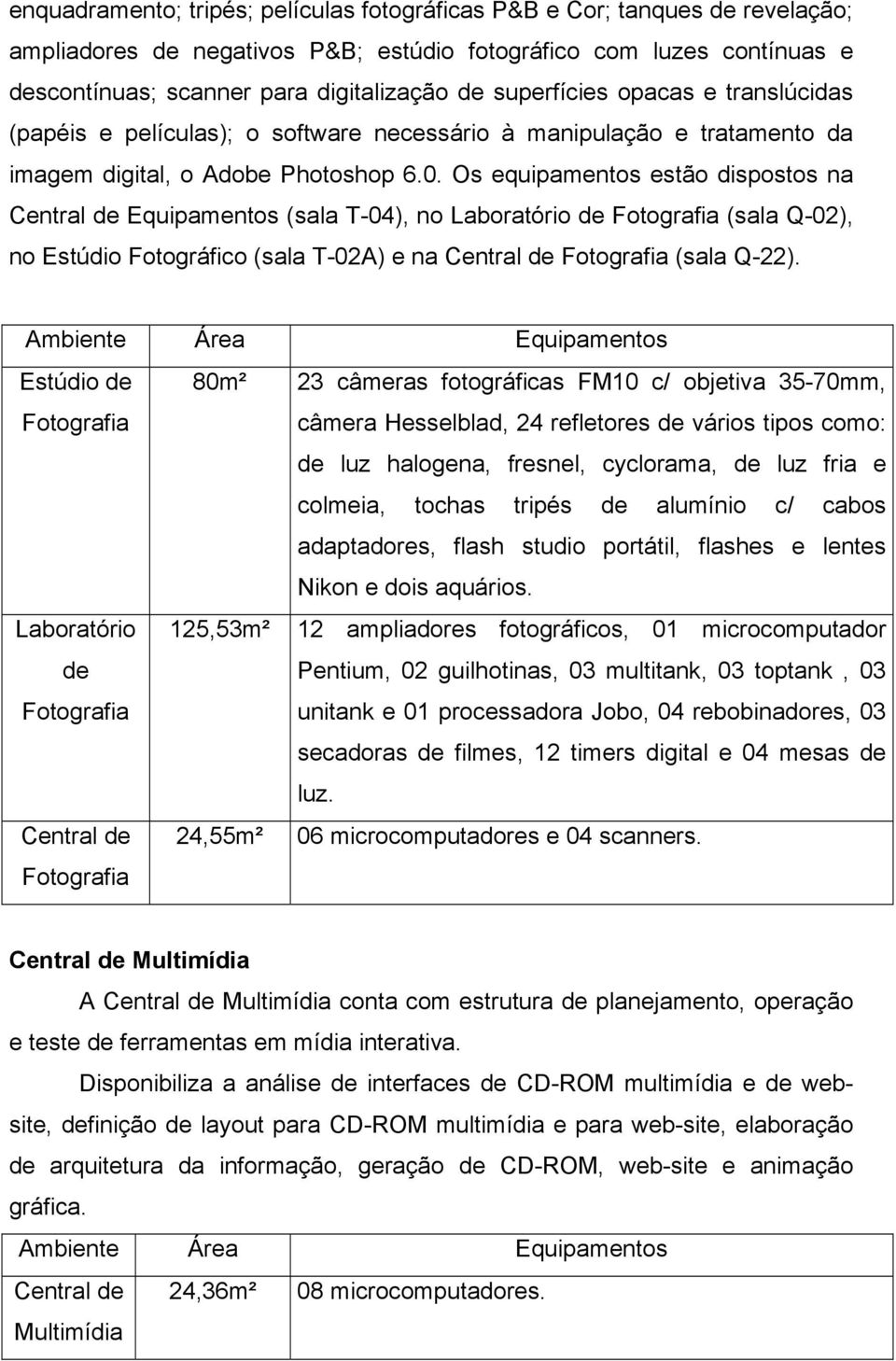 Os equipamentos estão dispostos na Central de Equipamentos (sala T-04), no Laboratório de Fotografia (sala Q-02), no Estúdio Fotográfico (sala T-02A) e na Central de Fotografia (sala Q-22).