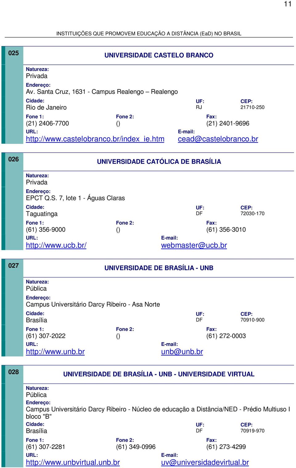 br 027 UNIVERSIDADE DE BRASÍLIA - UNB Campus Universitário Darcy Ribeiro - Asa Norte Brasília DF 70910-900 (61) 307-2022 http://www.unb.br unb@unb.