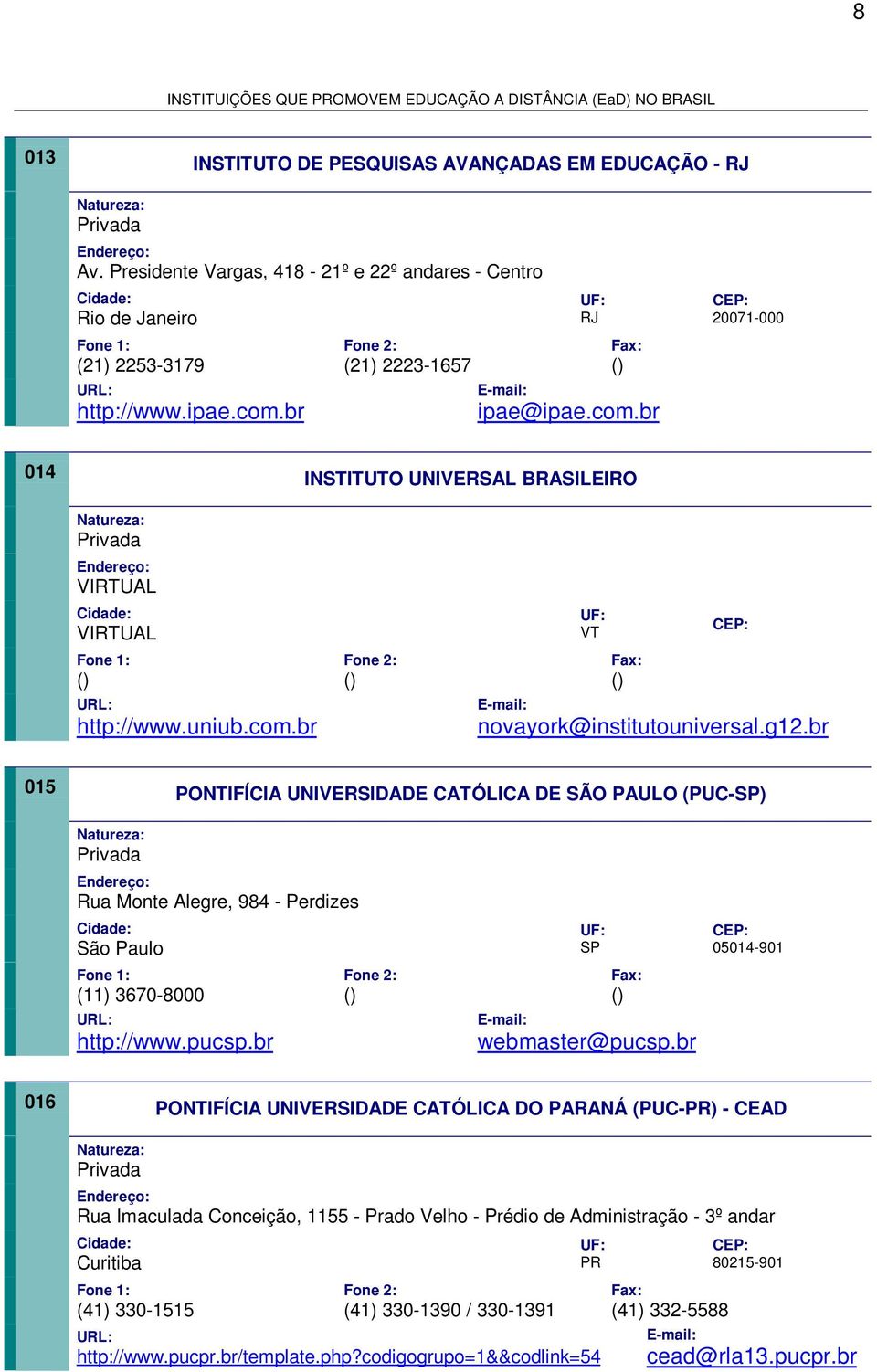 br 015 PONTIFÍCIA UNIVERSIDADE CATÓLICA DE SÃO PAULO (PUC-) Rua Monte Alegre, 984 - Perdizes São Paulo (11) 3670-8000 http://www.pucsp.br webmaster@pucsp.