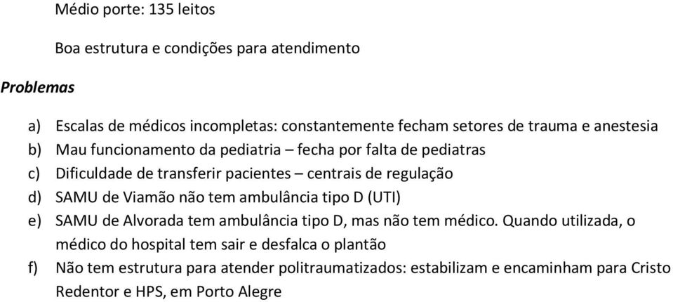 Viamão não tem ambulância tipo D (UTI) e) SAMU de Alvorada tem ambulância tipo D, mas não tem médico.