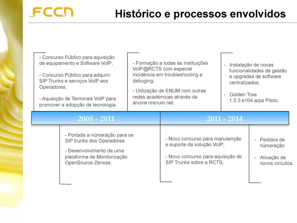 - Formação a todas as instituições VoIP@RCTS com especial incidência em troubleshooting e debuging; - Utilização de ENUM com outras redes académicas através da árvore nrenum.net.