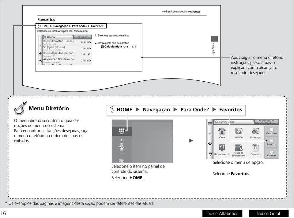 Favoritos O menu diretório contém o guia das opções de menu do sistema. Para encontrar as funções desejadas, siga o menu diretório na ordem dos passos exibidos.