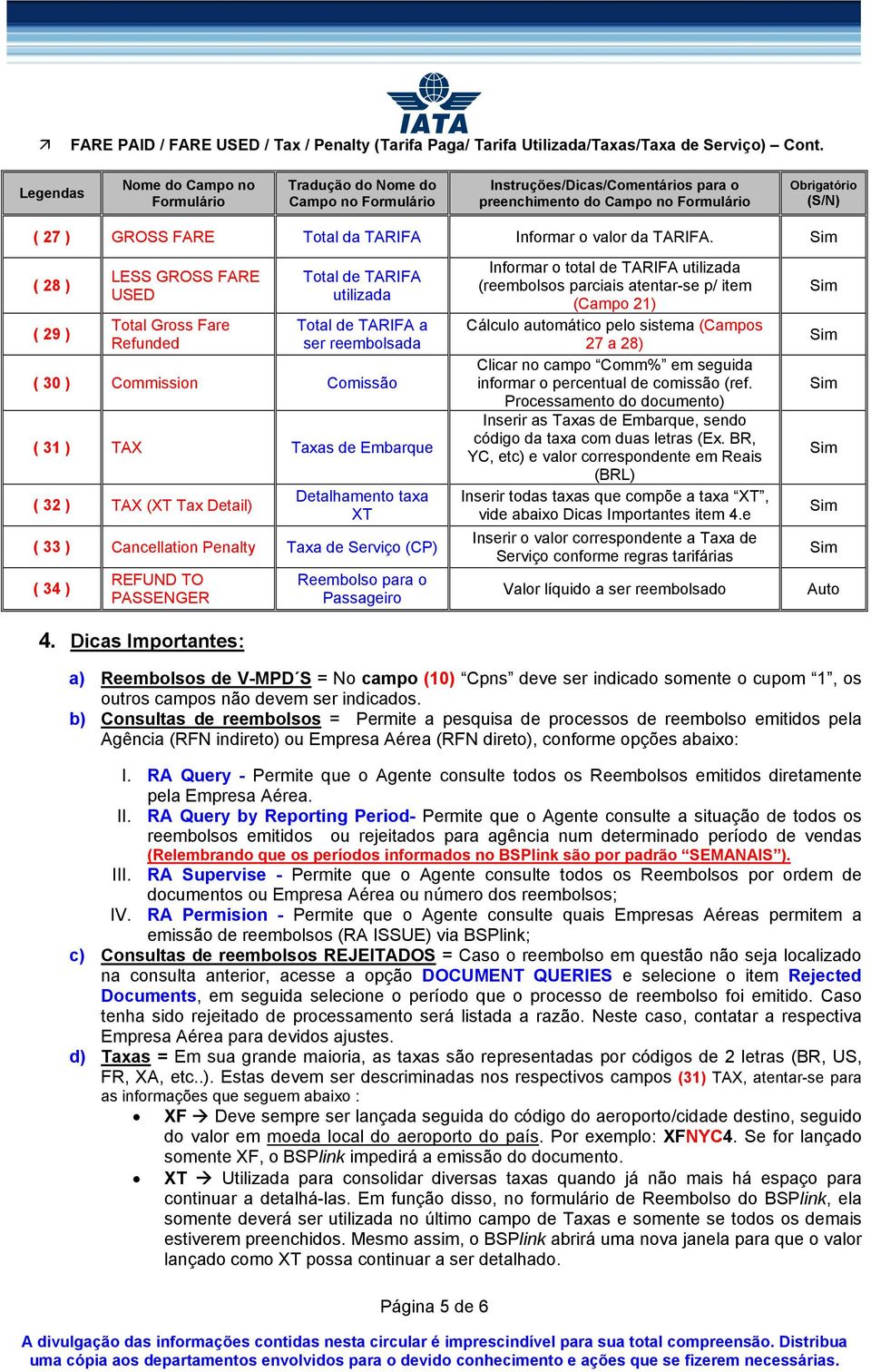 TARIFA Informar o valor da TARIFA.