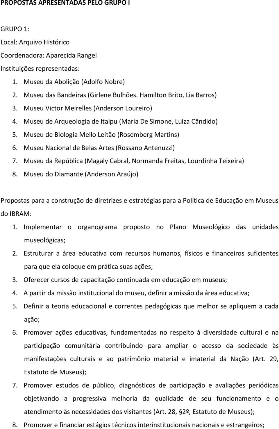 Museu de Biologia Mello Leitão (Rosemberg Martins) 6. Museu Nacional de Belas Artes (Rossano Antenuzzi) 7. Museu da República (Magaly Cabral, Normanda Freitas, Lourdinha Teixeira) 8.