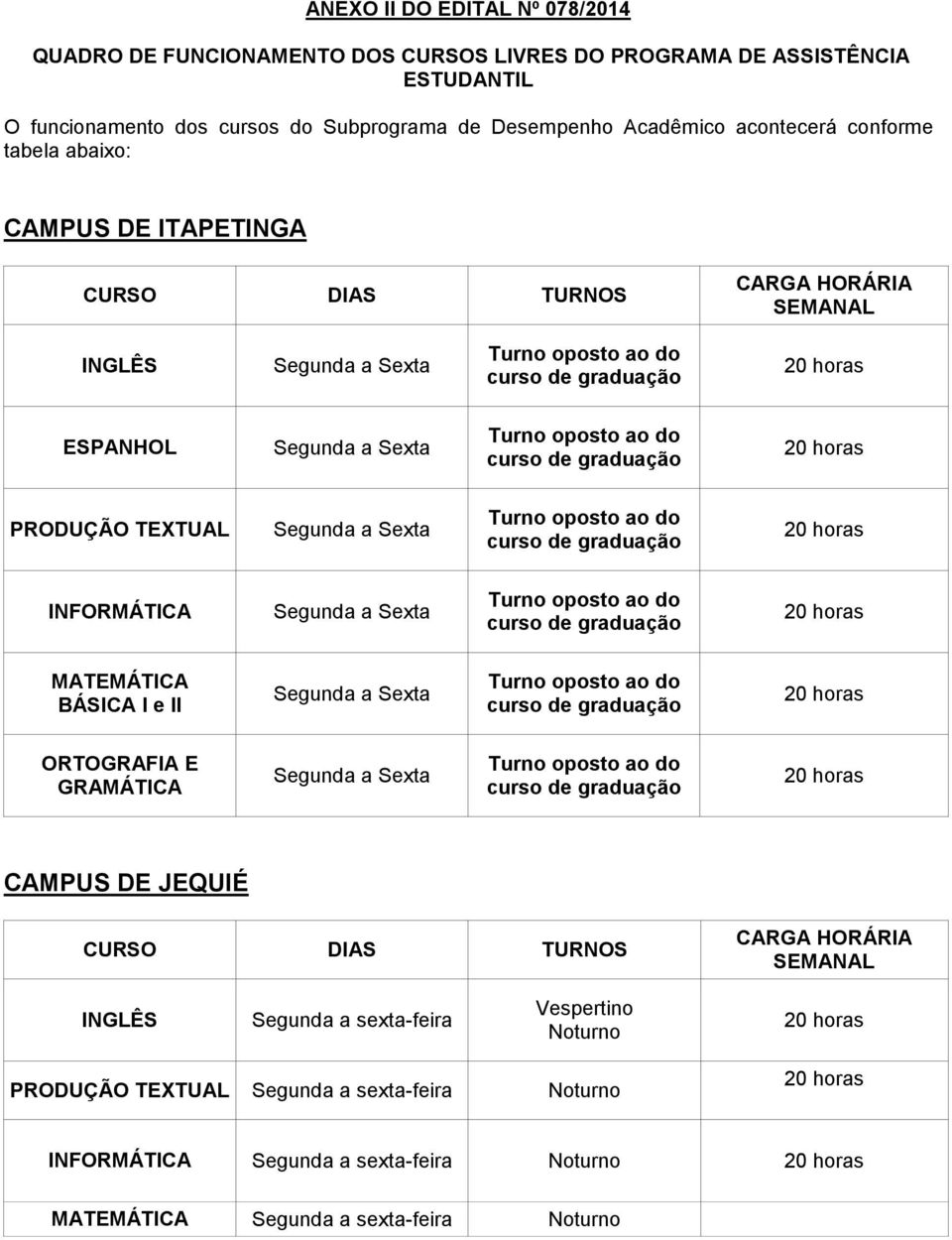 Turno oposto ao do INFORMÁTICA Segunda a Sexta Turno oposto ao do MATEMÁTICA BÁSICA I e II Segunda a Sexta Turno oposto ao do ORTOGRAFIA E GRAMÁTICA Segunda a Sexta Turno oposto ao do CAMPUS DE