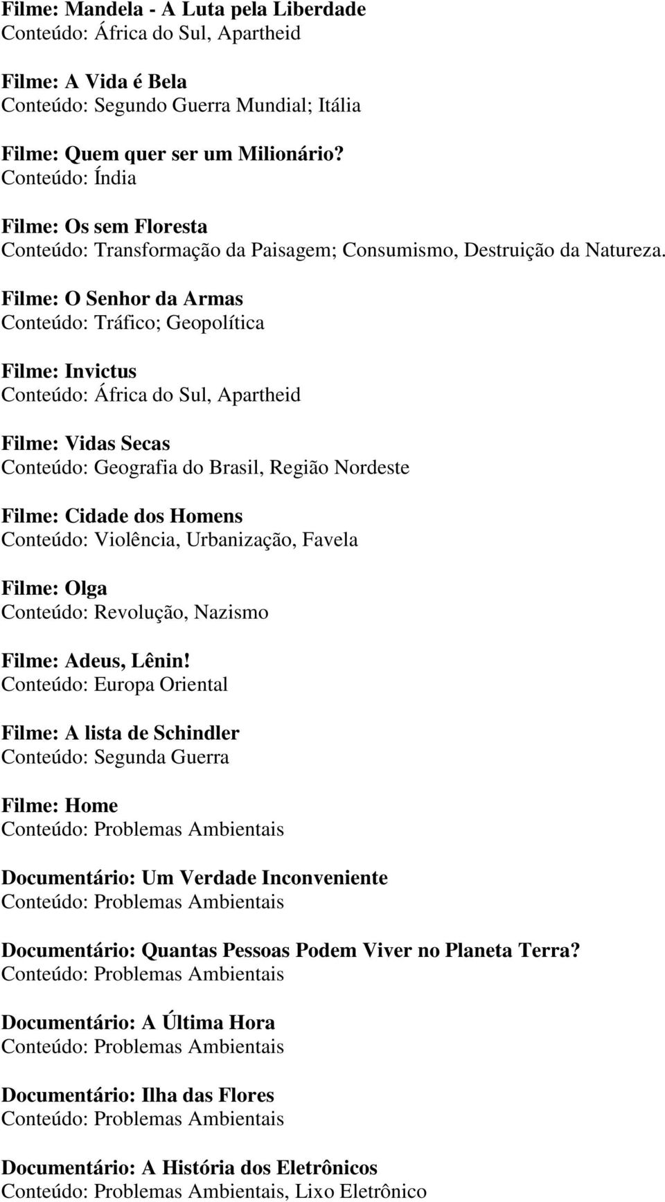 Filme: O Senhor da Armas Conteúdo: Tráfico; Geopolítica Filme: Invictus Conteúdo: África do Sul, Apartheid Filme: Vidas Secas Conteúdo: Geografia do Brasil, Região Nordeste Filme: Cidade dos Homens