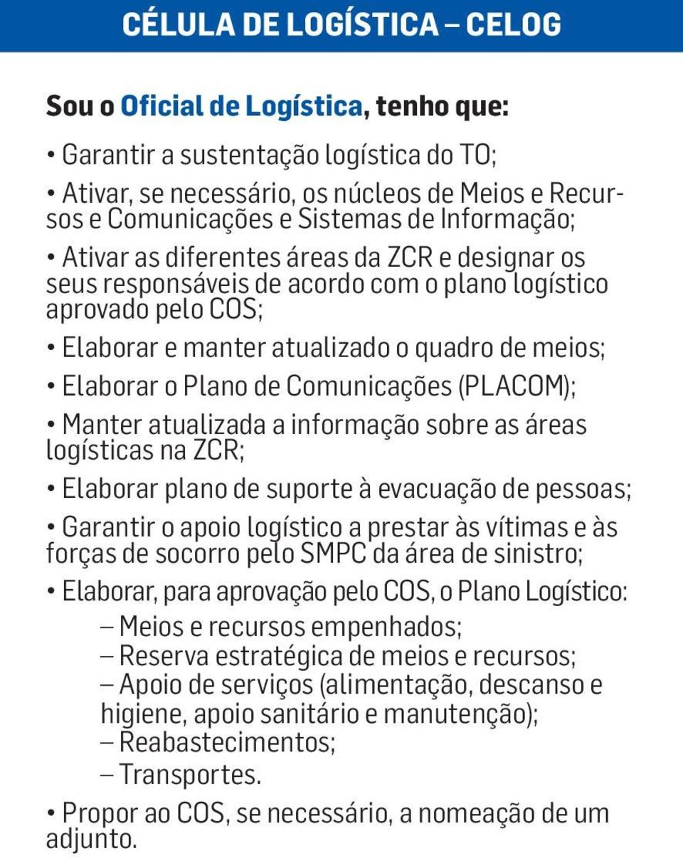 (PLACOM); Manter atualizada a informação sobre as áreas logísticas na ZCR; Elaborar plano de suporte à evacuação de pessoas; Garantir o apoio logístico a prestar às vítimas e às forças de socorro