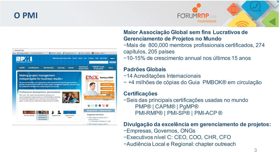 Guia PMBOK em circulação Certificações Seis das principais certificações usadas no mundo PMP CAPM PgMP PMI- RMP PMI- SP PMI- ACP Divulgação da