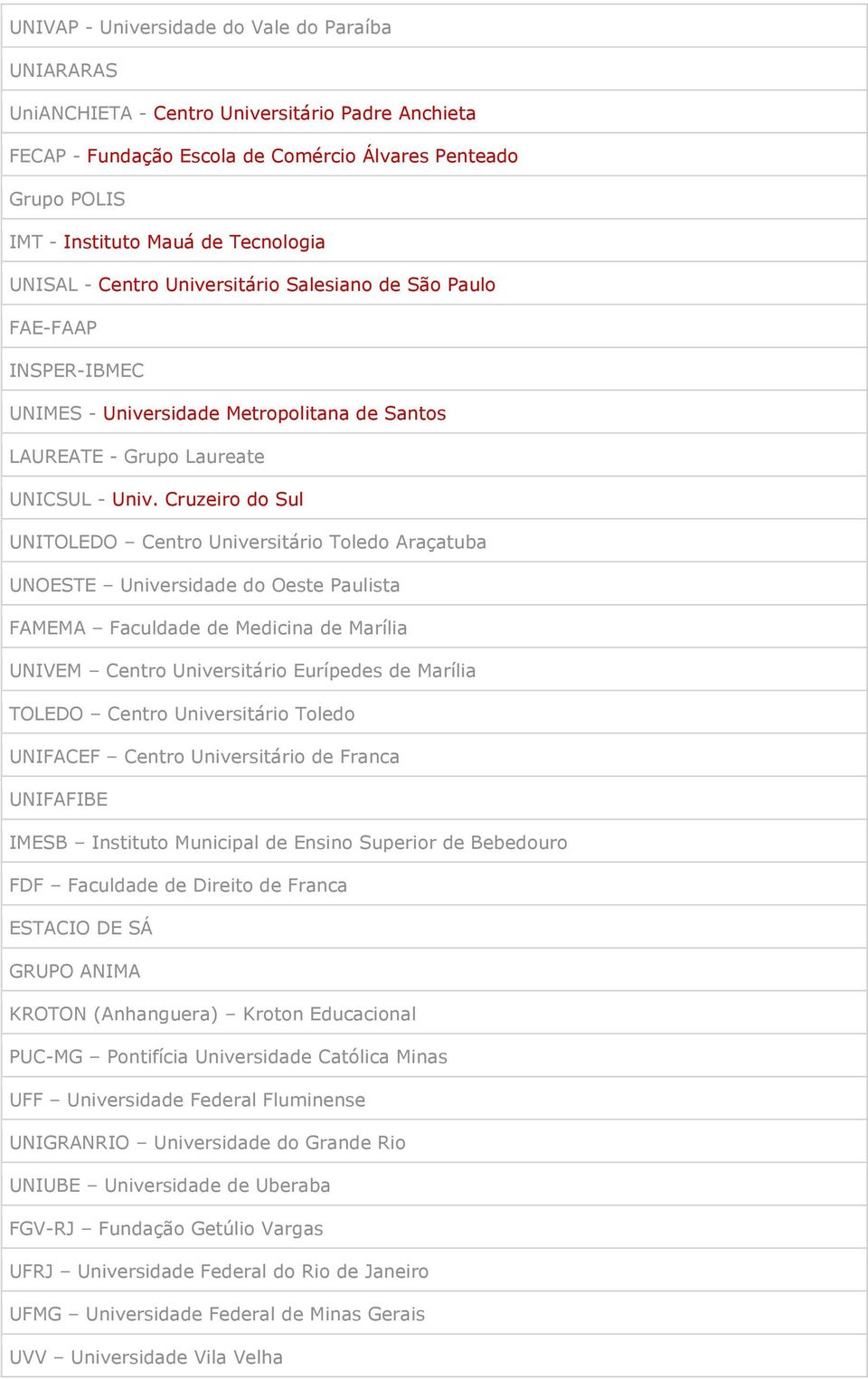 Cruzeiro do Sul UNITOLEDO Centro Universitário Toledo Araçatuba UNOESTE Universidade do Oeste Paulista FAMEMA Faculdade de Medicina de Marília UNIVEM Centro Universitário Eurípedes de Marília TOLEDO