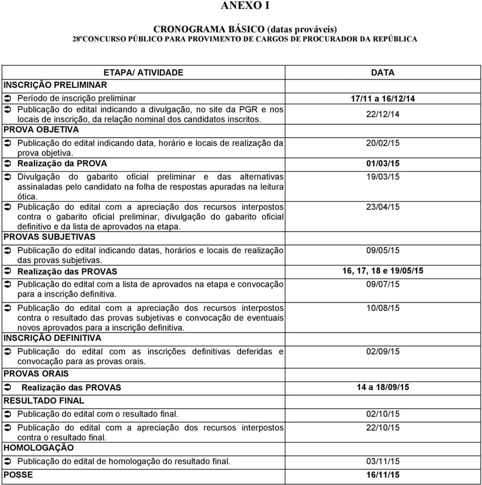 22/12/14 PROVA OBJETIVA Publicação do edital indicando data, horário e locais de realização da 20/02/15 prova objetiva.