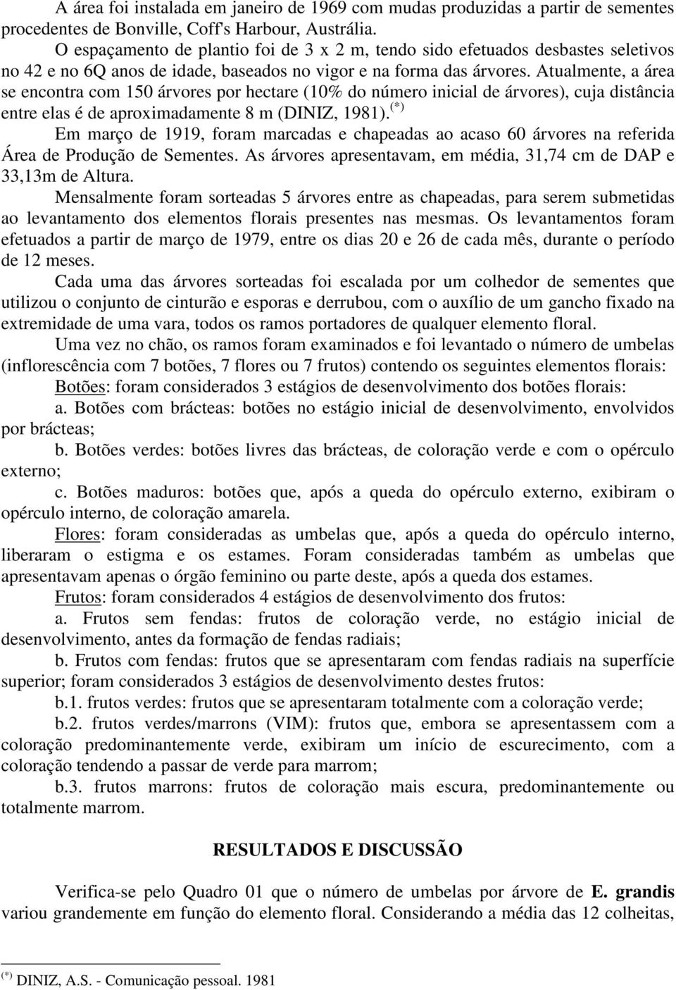 Atualmente, a área se encontra com 150 árvores por hectare (10% do número inicial de árvores), cuja distância entre elas é de aproximadamente 8 m (DINIZ, 1981).