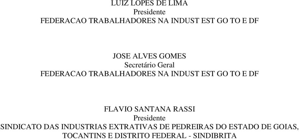 GO TO E DF FLAVIO SANTANA RASSI Presidente SINDICATO DAS INDUSTRIAS