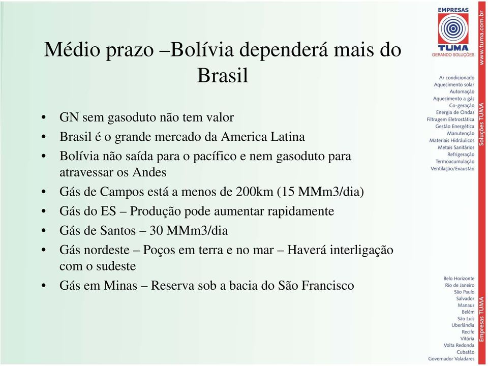 a menos de 200km (15 MMm3/dia) Gás do ES Produção pode aumentar rapidamente Gás de Santos 30 MMm3/dia Gás