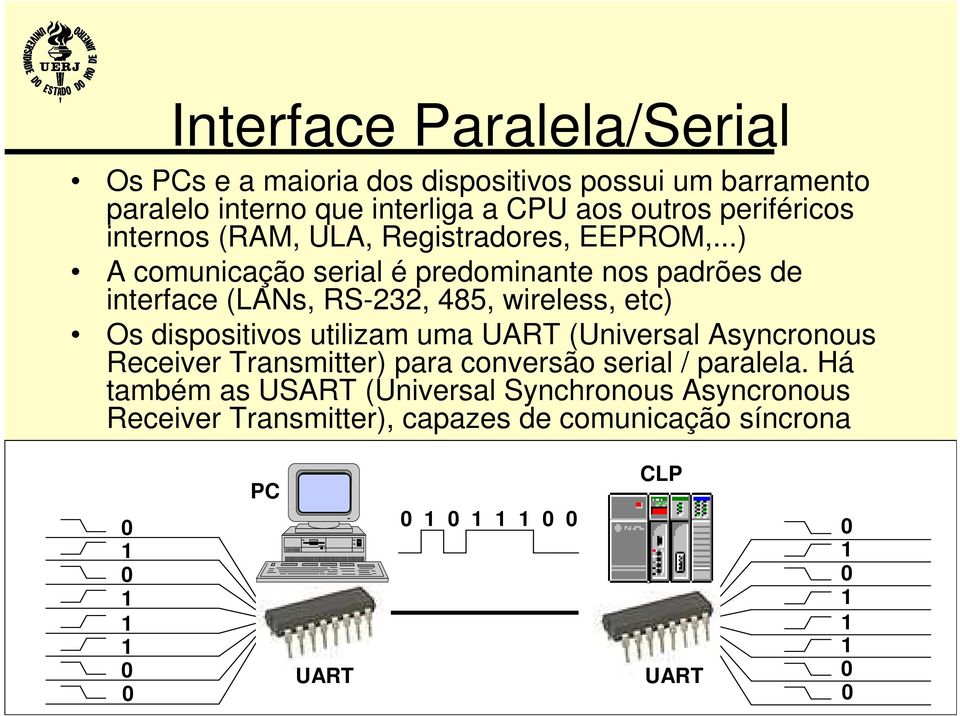 ..) A comunicação serial é predominante nos padrões de interface (LANs, RS-232, 485, wireless, etc) Os dispositivos utilizam uma UART (Universal