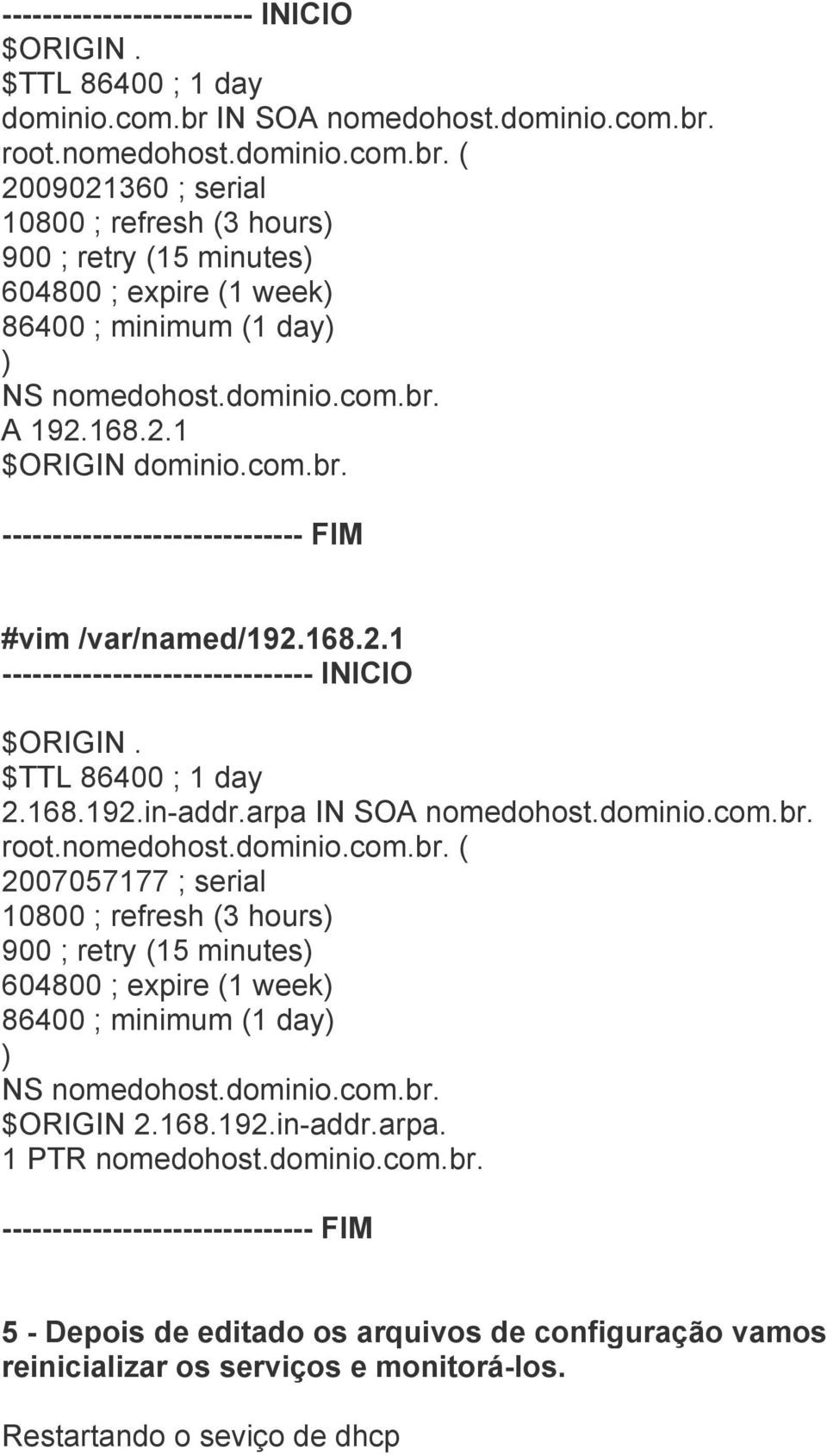 dominio.com.br. A 192.168.2.1 $ORIGIN dominio.com.br. ------------------------------ FIM #vim /var/named/192.168.2.1 ------------------------------- INICIO $ORIGIN. $TTL 86400 ; 1 day 2.168.192.in-addr.