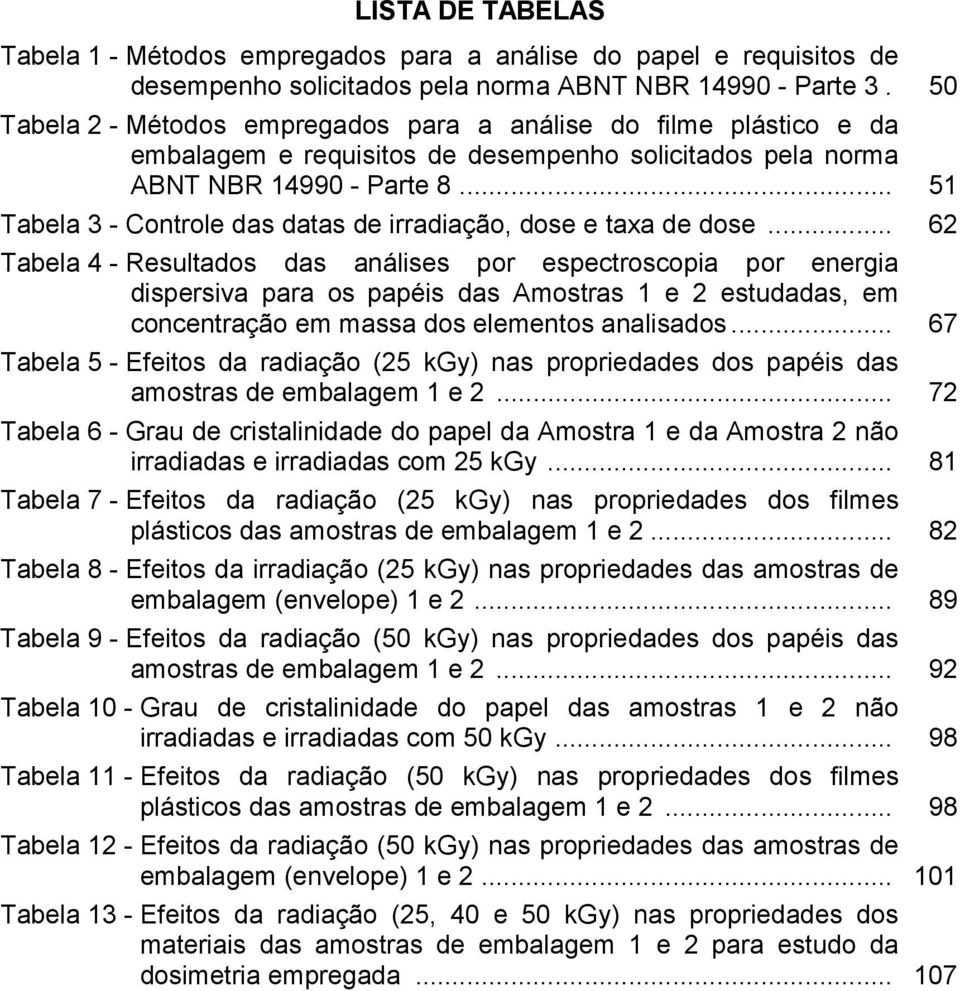 .. 51 Tabela 3 - Controle das datas de irradiação, dose e taxa de dose.