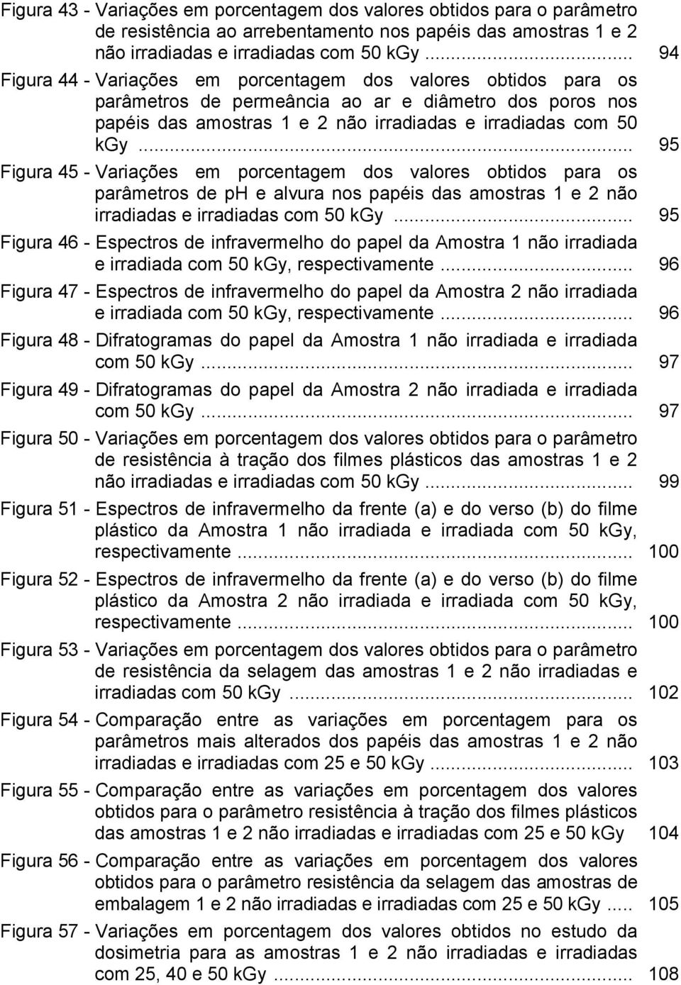 .. 95 Figura 45 - Variações em porcentagem dos valores obtidos para os parâmetros de ph e alvura nos papéis das amostras 1 e 2 não irradiadas e irradiadas com 50 kgy.