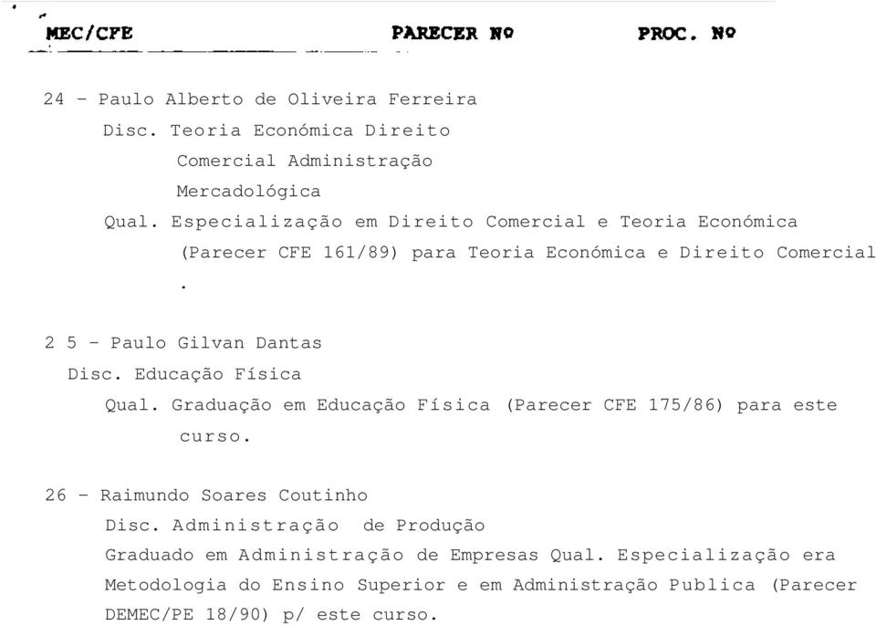 2 5 - Paulo Gilvan Dantas Disc. Educação Física Qual. Graduação em Educação Física (Parecer CFE 175/86) para este curso.