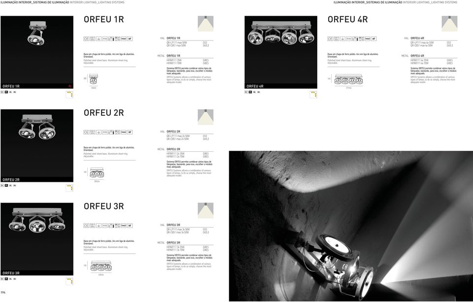 META ORFEU 1R HIPAR111 35W HIPAR111 70W Base em chapa de ferro polido. Aro em liga de alumínio. Orientável. Polished steel sheet base. Aluminium sheet ring. Adjustable.