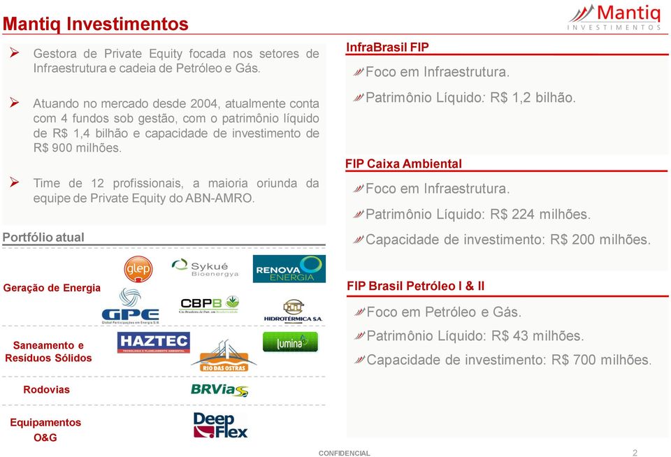 Time de 12 profissionais, a maioria oriunda da equipe de Private Equity do ABN-AMRO. Portfólio atual InfraBrasil FIP Foco em Infraestrutura. Patrimônio Líquido: R$ 1,2 bilhão.