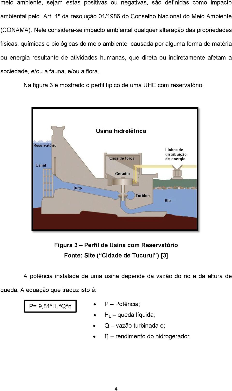 humanas, que direta ou indiretamente afetam a sociedade, e/ou a fauna, e/ou a flora. Na figura 3 é mostrado o perfil típico de uma UHE com reservatório.