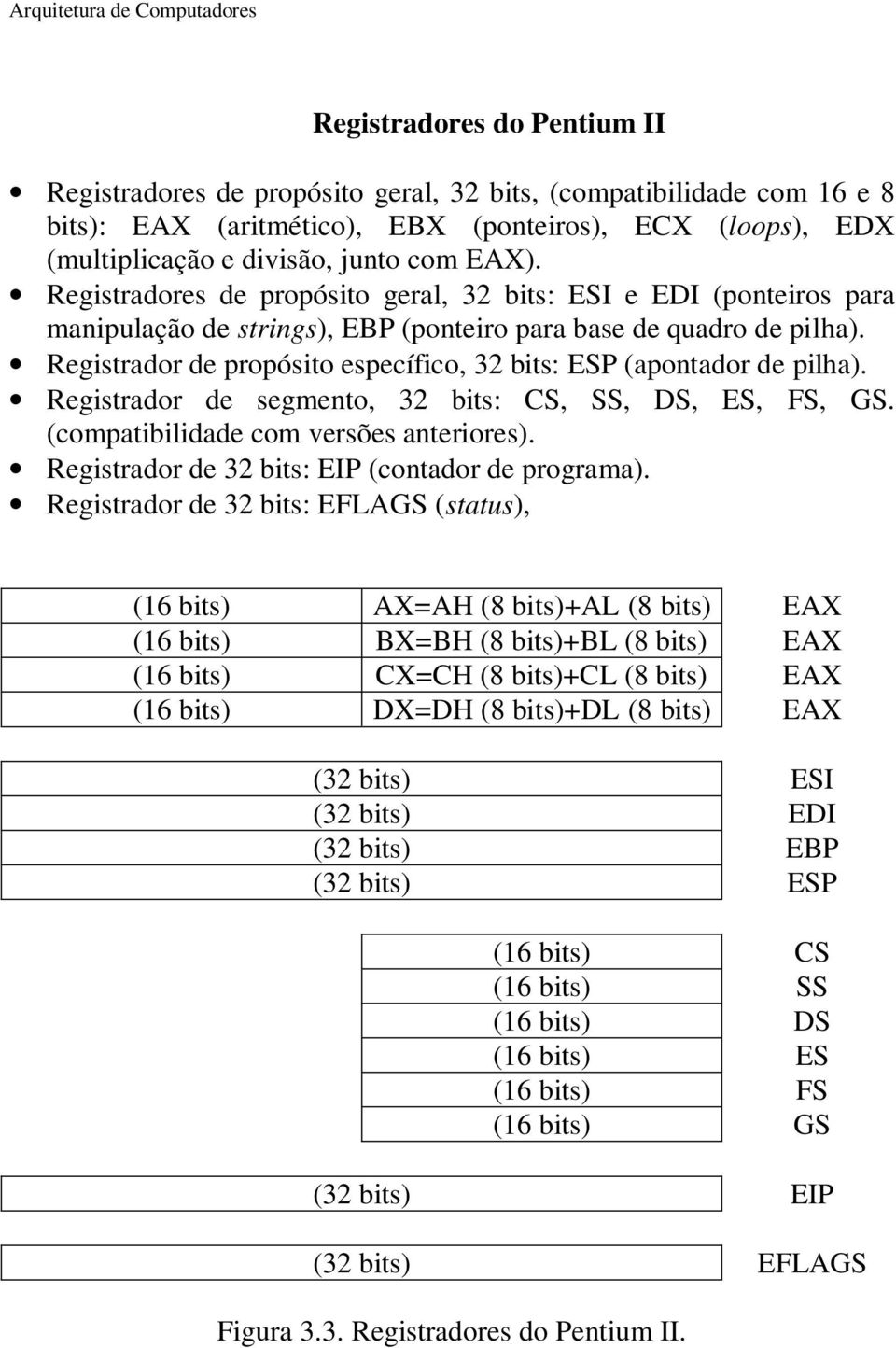 Registrador de propósito específico, 32 bits: ESP (apontador de pilha). Registrador de segmento, 32 bits: CS, SS, DS, ES, FS, GS. (compatibilidade com versões anteriores).