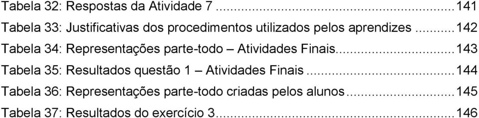 .. 142 Tabela 34: Representações parte-todo Atividades Finais.