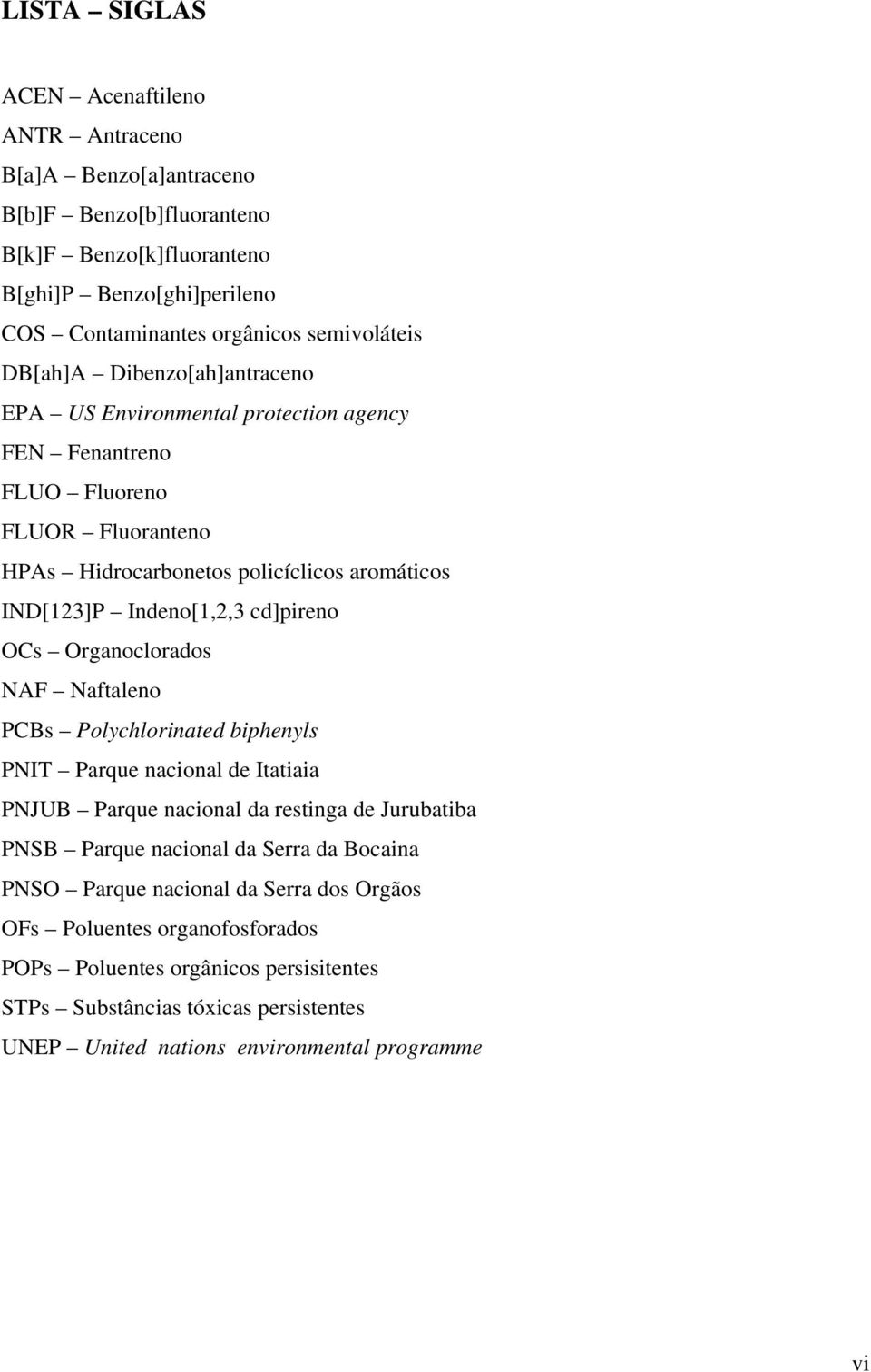 cd]pireno OCs Organoclorados NAF Naftaleno PCBs Polychlorinated biphenyls PNIT Parque nacional de Itatiaia PNJUB Parque nacional da restinga de Jurubatiba PNSB Parque nacional da Serra da