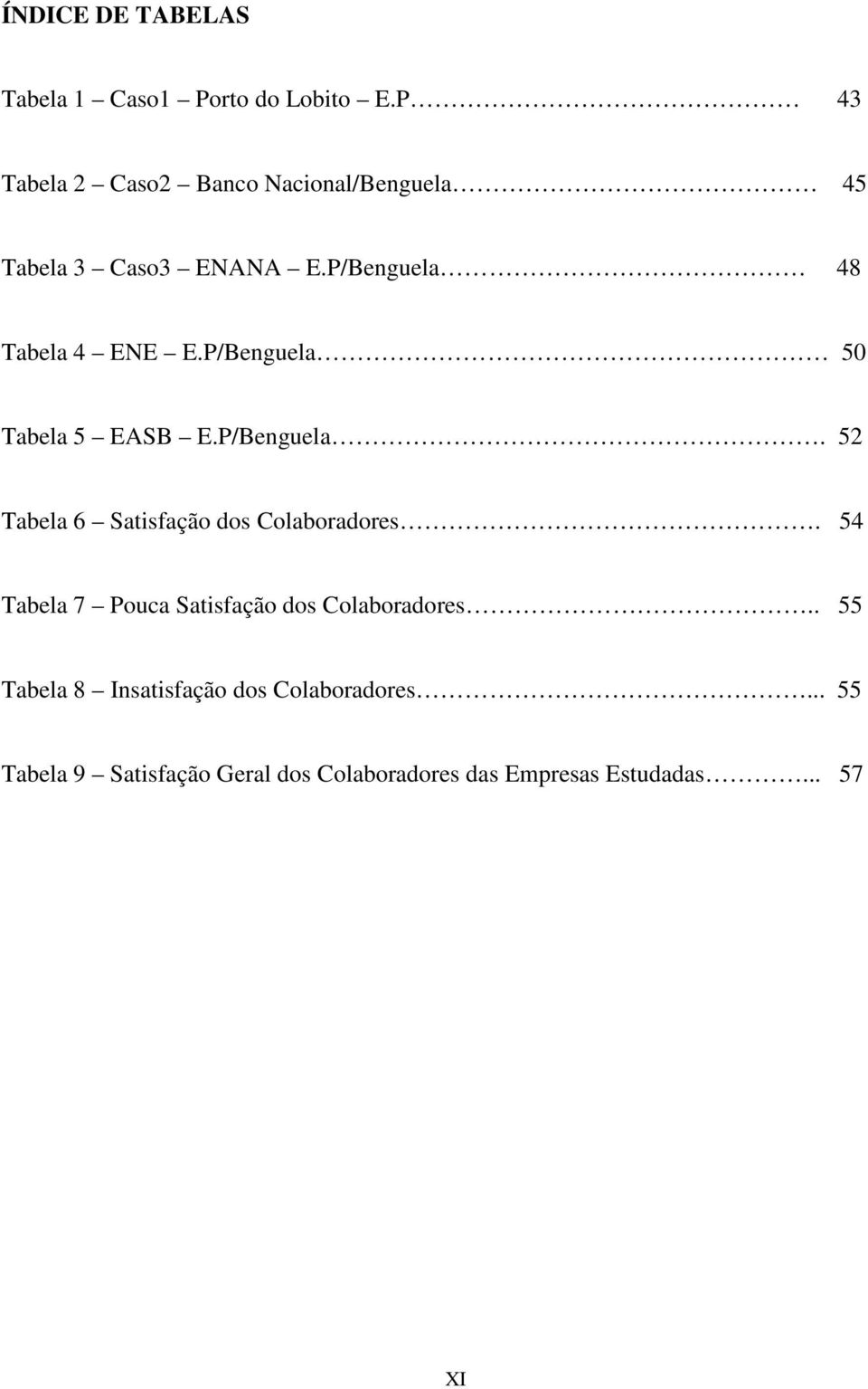 P/Benguela 50 Tabela 5 EASB E.P/Benguela. 52 Tabela 6 Satisfação dos Colaboradores.