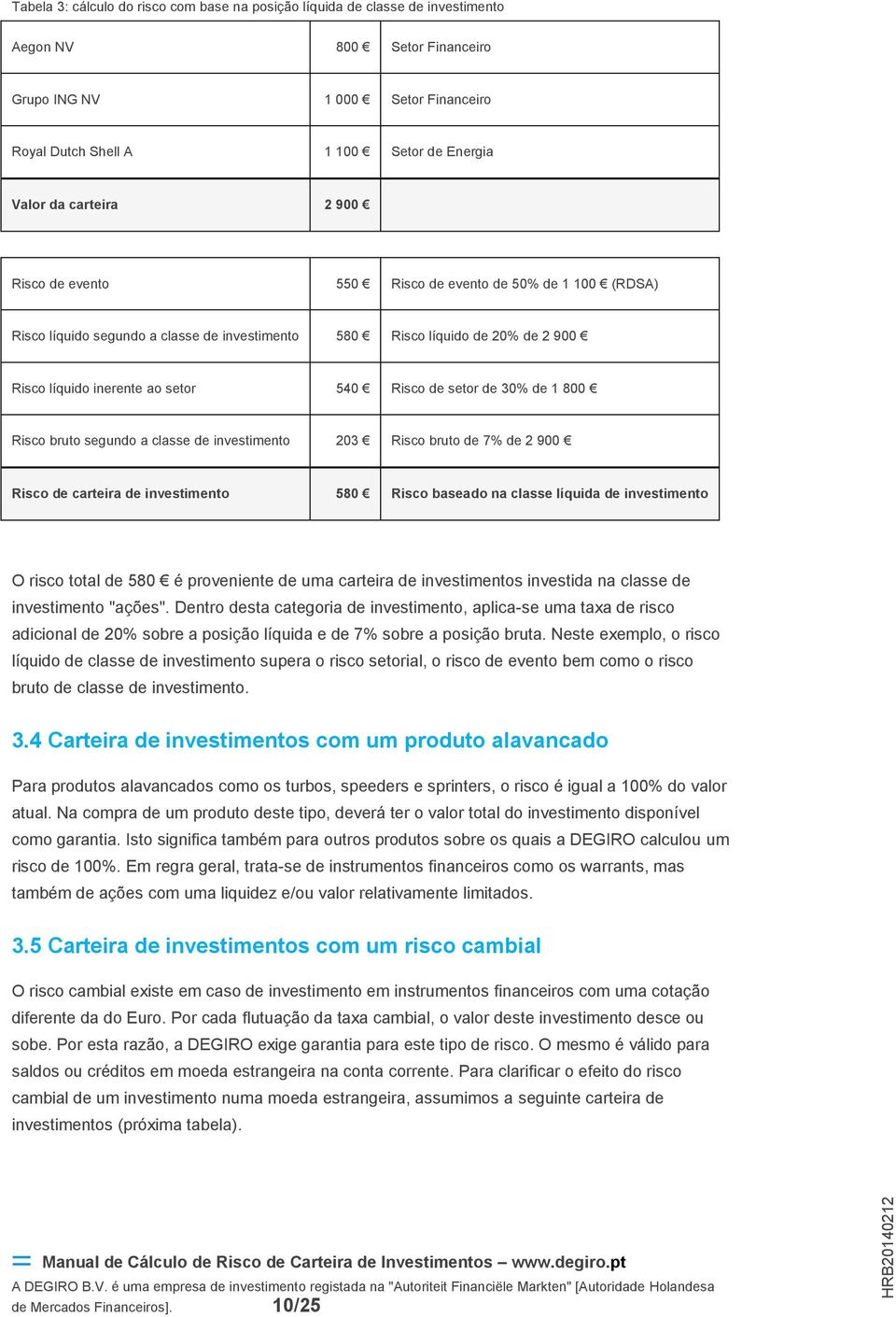 Risco bruto segundo a classe de 203 Risco bruto de 7% de 2 900 Risco de carteira de 580 Risco baseado na classe líquida de O risco total de 580 é proveniente de uma carteira de s investida na classe