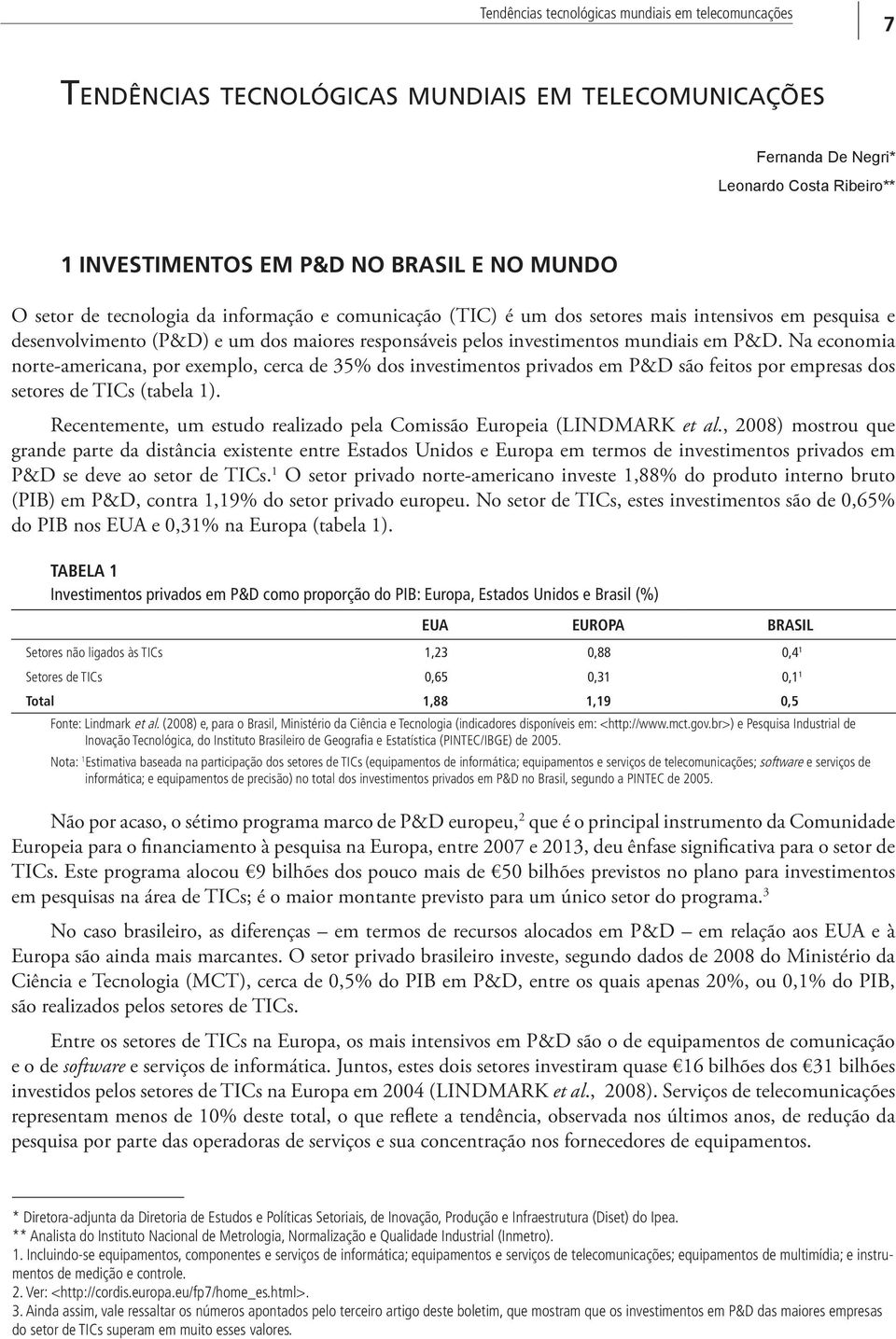 Na economia norte-americana, por exemplo, cerca de 35% dos investimentos privados em P&D são feitos por empresas dos setores de TICs (tabela 1).