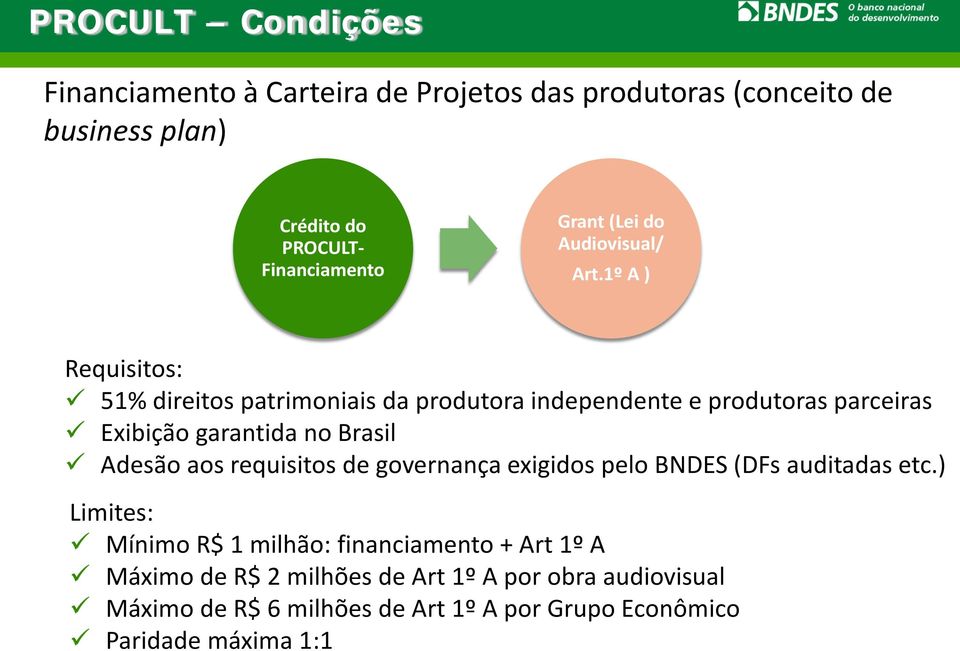 1º A ) Requisitos: 51% direitos patrimoniais da produtora independente e produtoras parceiras Exibição garantida no Brasil Adesão aos