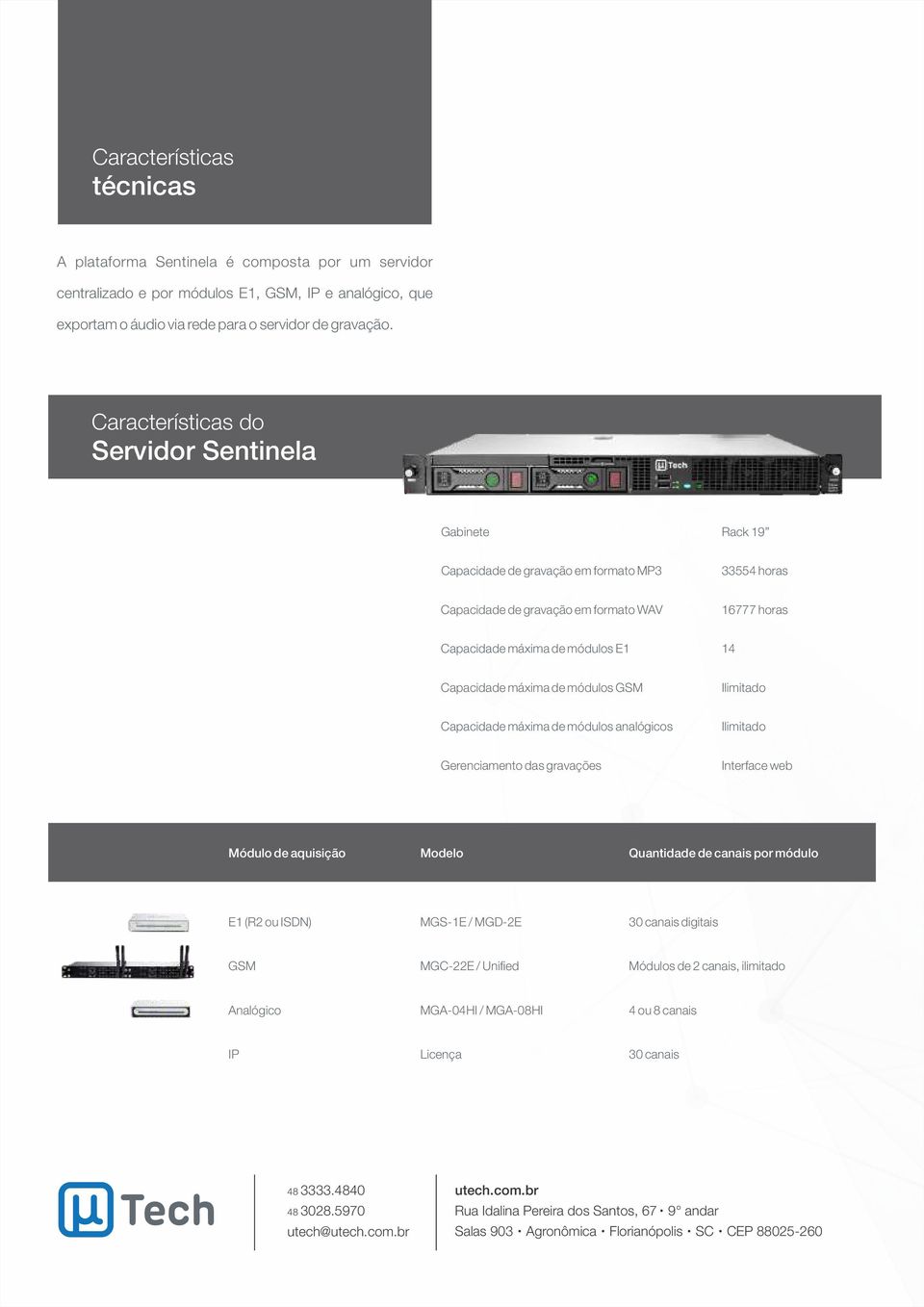 Capacidade máxima de módulos GSM Ilimitado Capacidade máxima de módulos analógicos Ilimitado Gerenciamento das gravações Interface web Módulo de aquisição Modelo Quantidade de canais por módulo E1