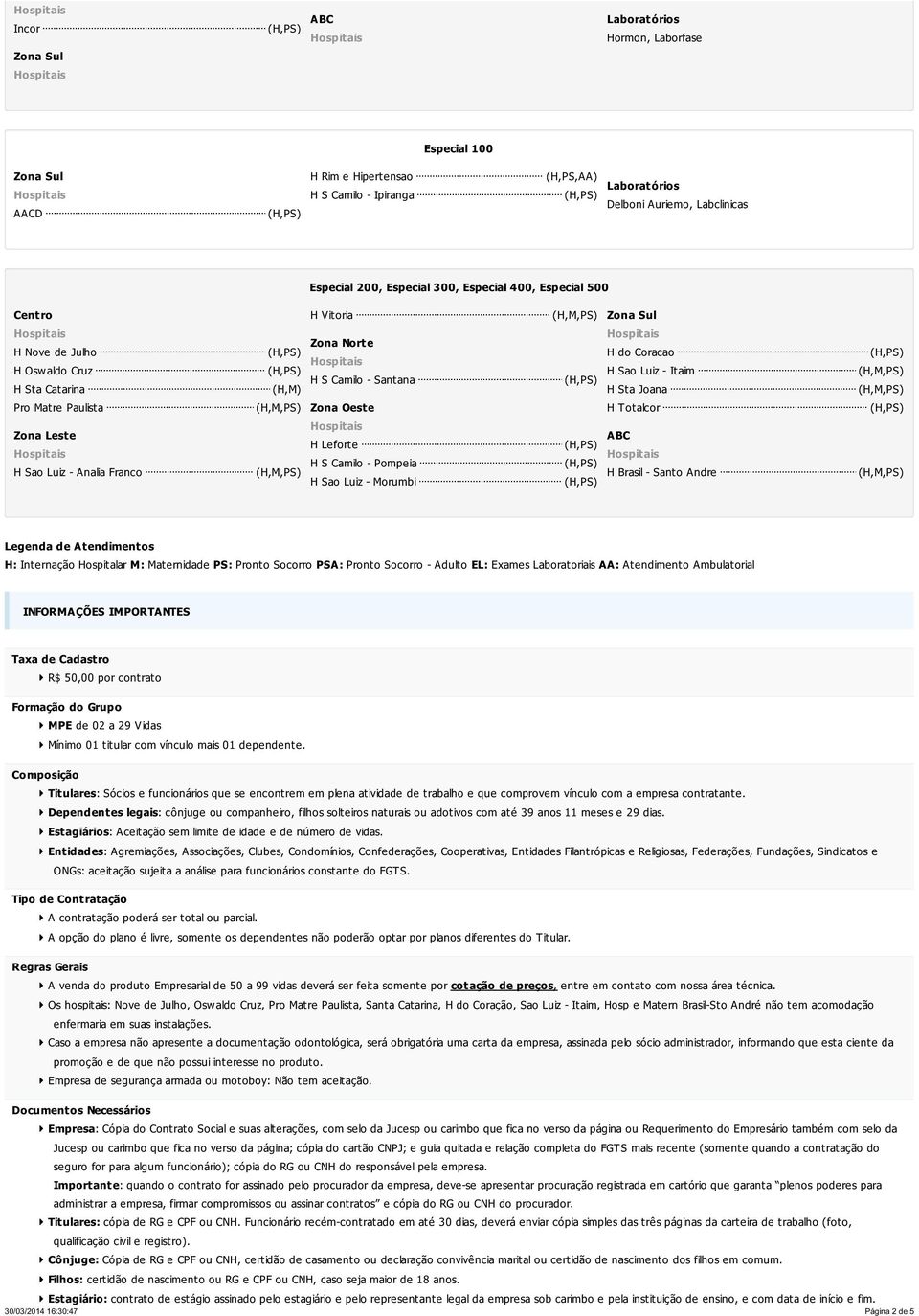 Totalcor H Brasil - Santo Andre Legenda de Atendimentos H: Internação Hospitalar M: Maternidade PS: Pronto Socorro PSA: Pronto Socorro - Adulto EL: Exames Laboratoriais AA: Atendimento Ambulatorial